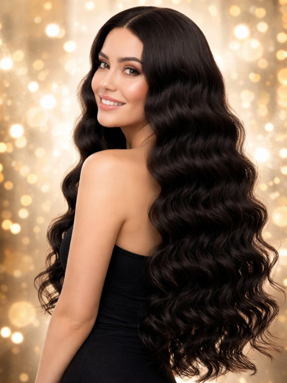 Shoulder Length Black Hair Wig Straight at the top Curly at the ends